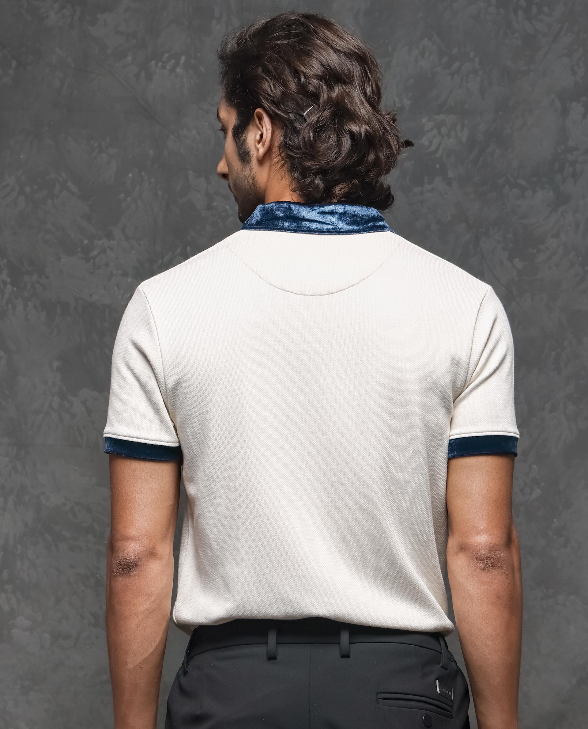 Rare Rabbit Men's Danil Off-White Cotton Fabric Contrast Detailing Velvet Collar And Sleeve Half Sleeve Polo T-Shirt - view 7
