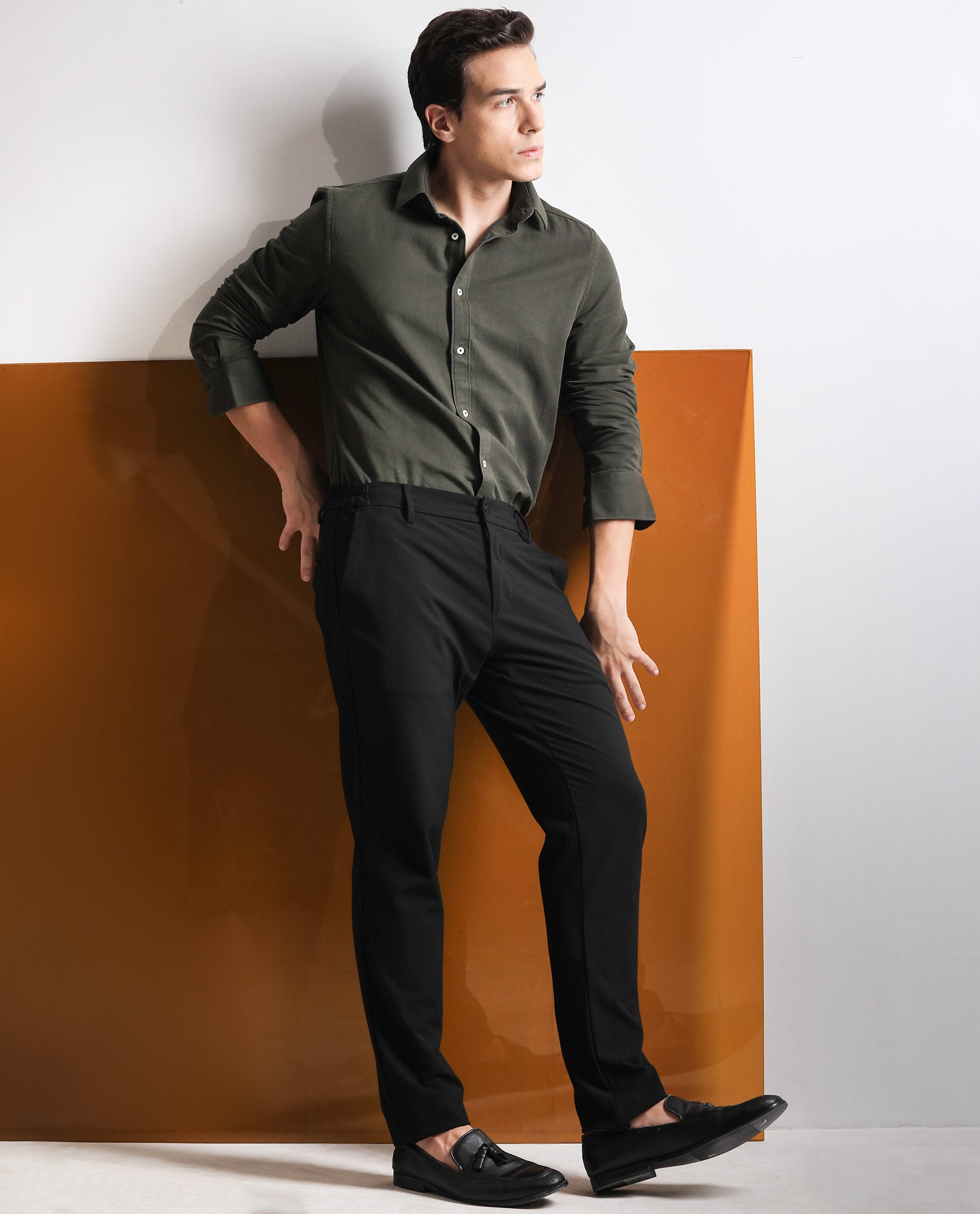 Rare Rabbit Mens Otago Olive Cotton Fabric Full Sleeves Regular Fit Solid Twill Shirt - view 2