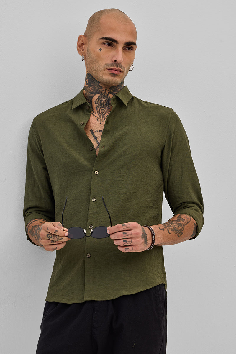 SNITCH Olive Slim Fit Linen Shirt - view 5