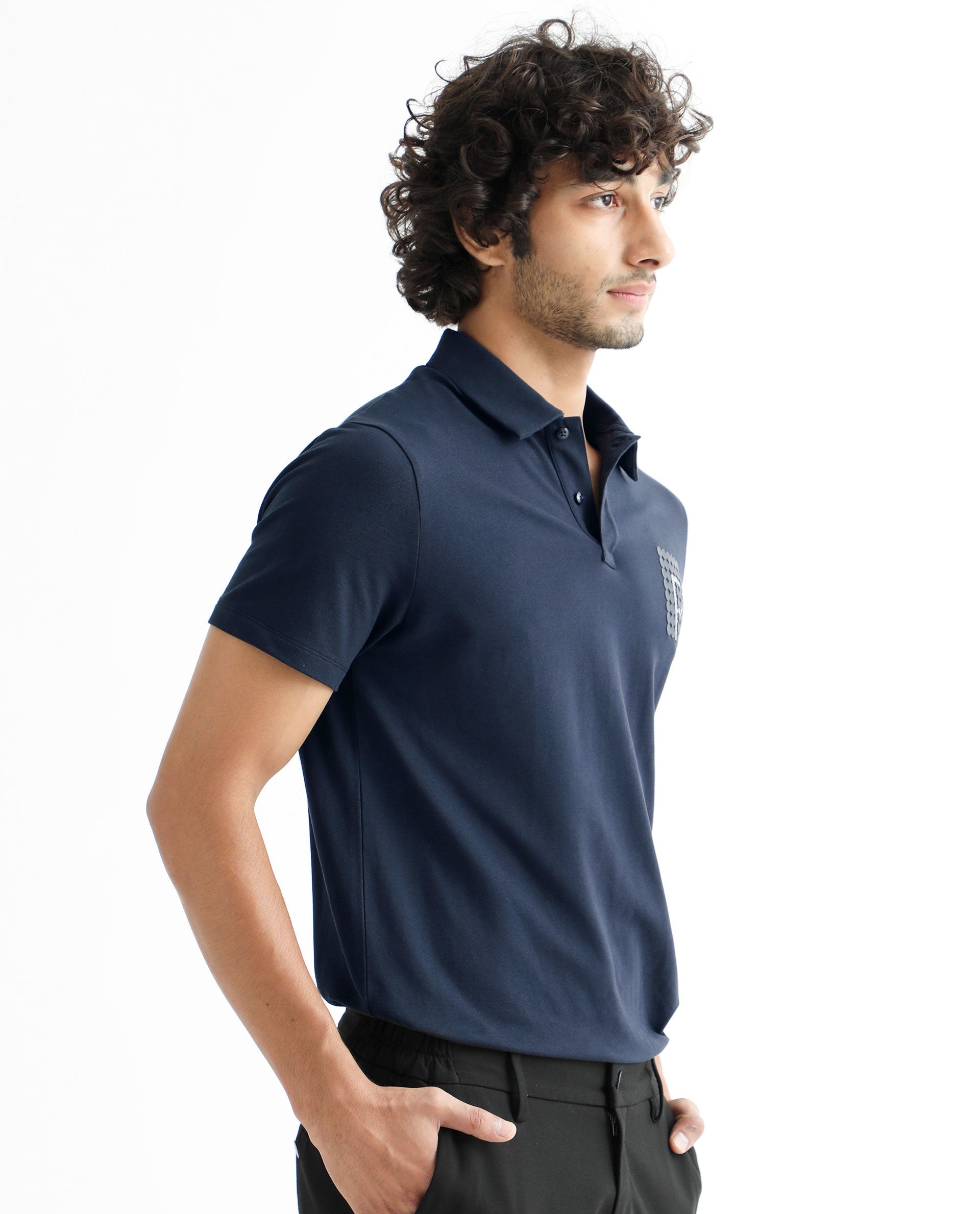 Rare Rabbit Men's Poka Navy Cotton Lycra Fabric Collared Neck Half Sleeves Polo T-Shirt - view 7