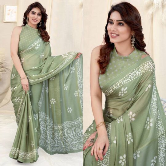 Green sarees – BlackTree green-floral-printed-chiffon-saree-3