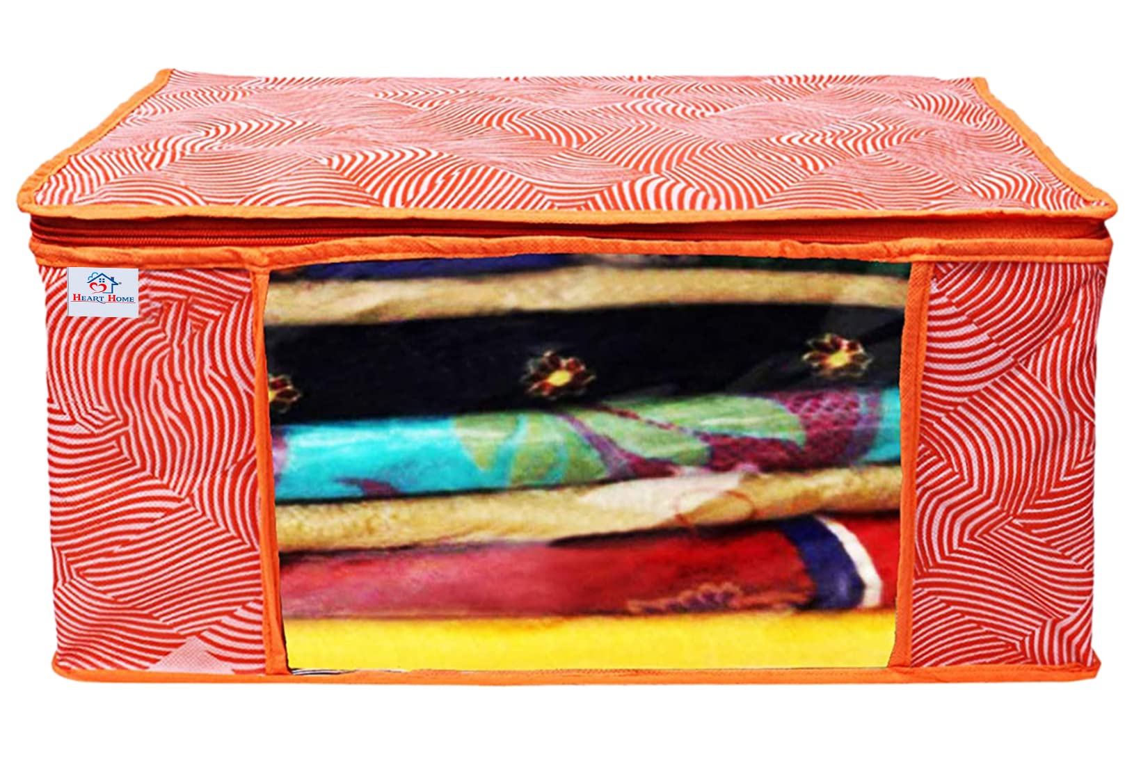 Heart Home Lahariya Design Non-woven Foldable Saree Cover/Clothes Storage Bag/Wardrobe Organizer With Transparent Window- Pack of 3 (Orange)-44HH0377 - view 3