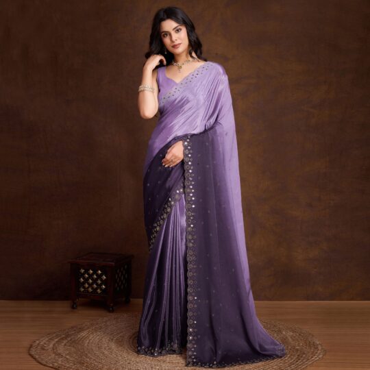 Peachmode Lavender Ombre Chinon Saree With Mirror Border - view 2