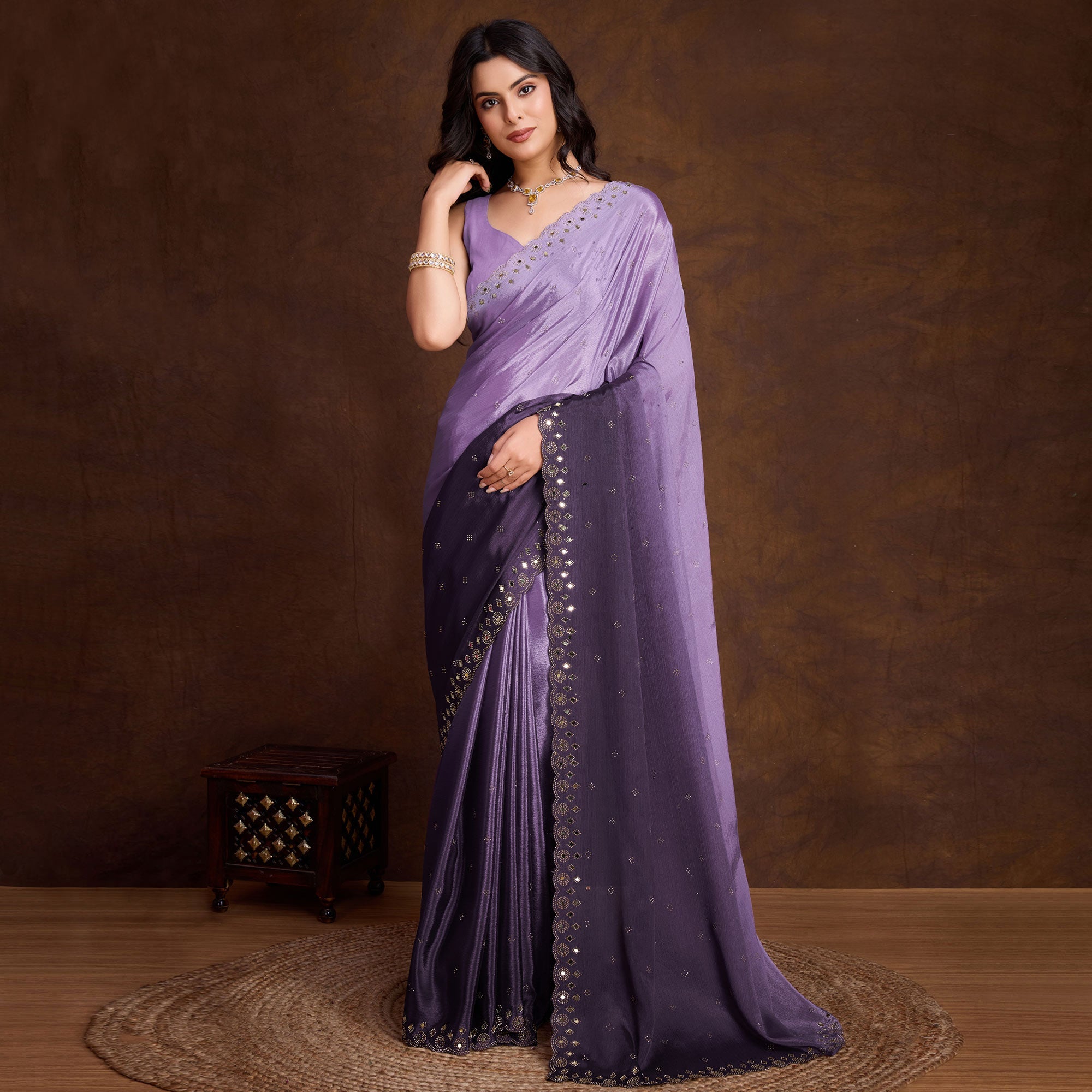 Peachmode Lavender Ombre Chinon Saree With Mirror Border - view 2