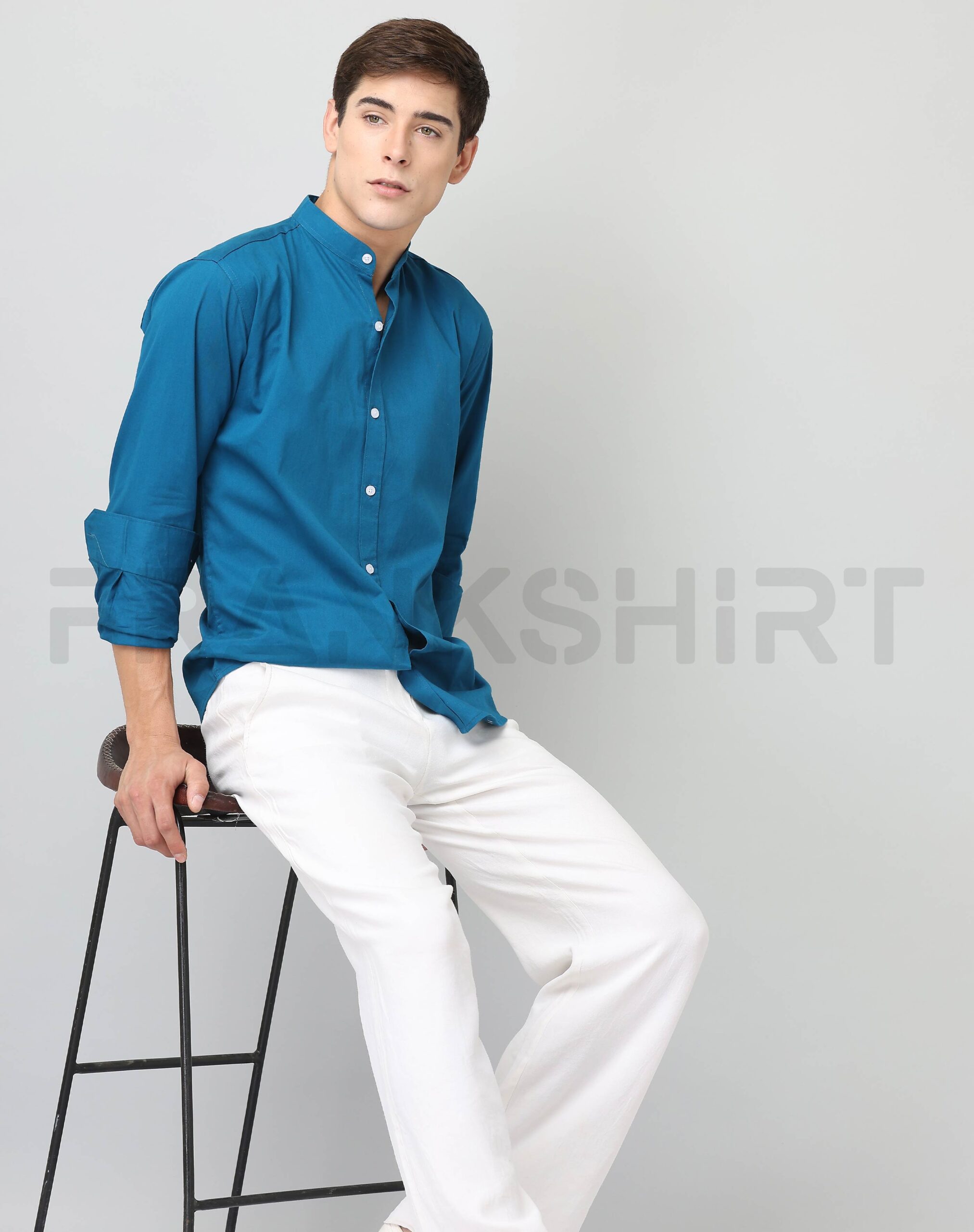 BlackTree Frankshirt Chinese Collar Peacocke Blue Solid Tailored Fit Cotton Casual Shirt for Man - view 5