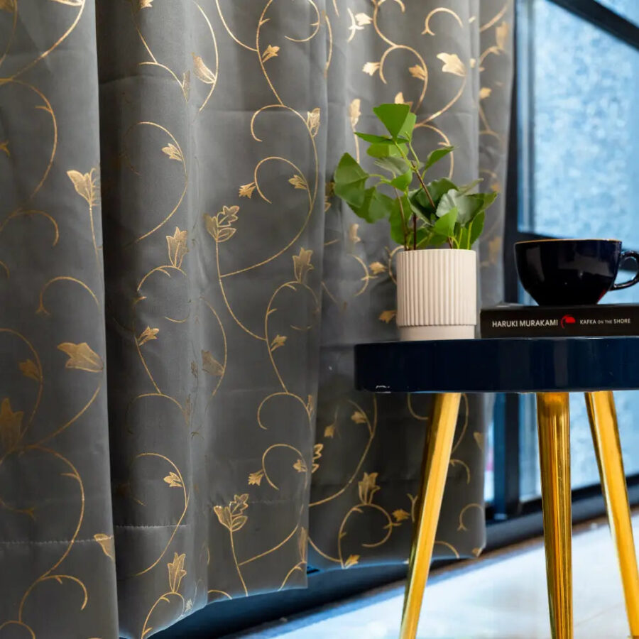 Urban Space -Home Furnishing Store Gold Foil Printed 80-85% Blackout Curtains - Pack of 1 Curtain - Vine- Grey
