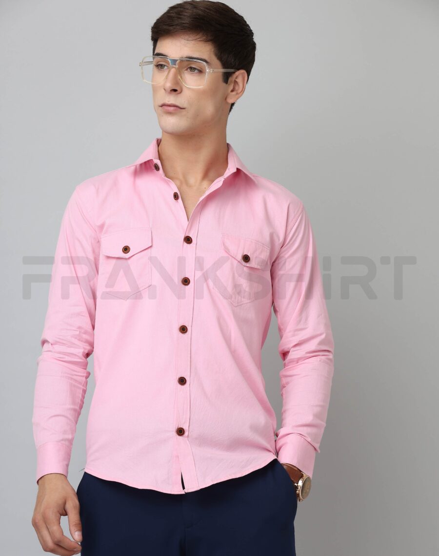 BlackTree Frankshirt Double Pocket Pink Solid Tailored Fit Cotton Casual Shirt for Man
