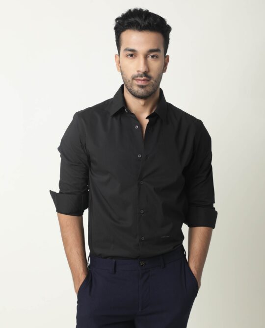 Rare Rabbit Men's Neutro Ls Black Shirt Cotton Polyester Fabric Collared Neck Full Sleeves Button Closure Slim Fit - view 2