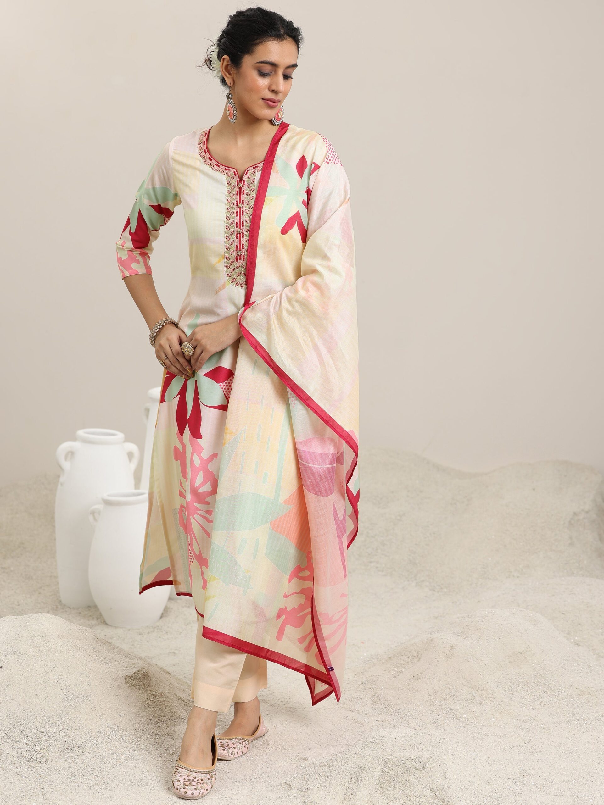 Libas Cream Printed Cotton Blend Straight Suit With Dupatta - view 3