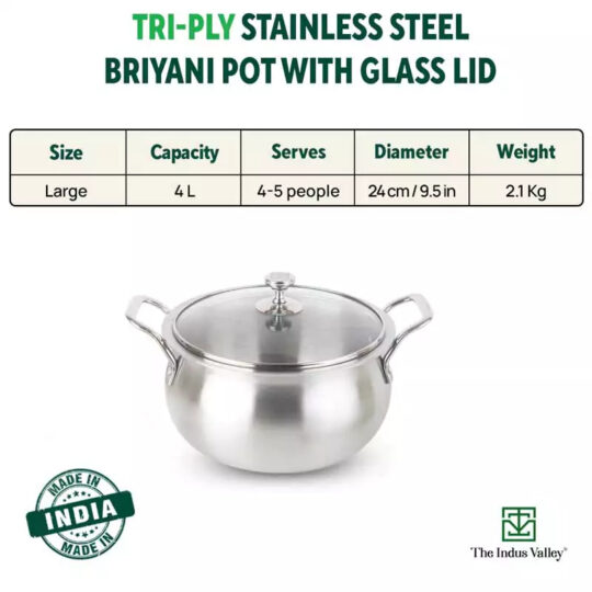 The Indus Valley TurboCuk Tri-ply Stainless Steel Handi Casserole/ Biryani Cooking Pot+ Glass Lid, Premium Quality, 3 Layer Thick Body, 100% Toxin-fre - view 2