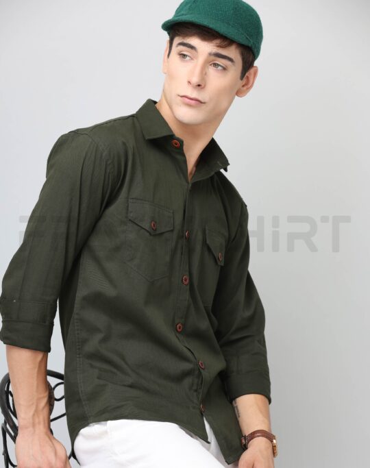 BlackTree Frankshirt Double Pocket Bottle Green Solid Tailored Fit Cotton Casual Shirt for Man