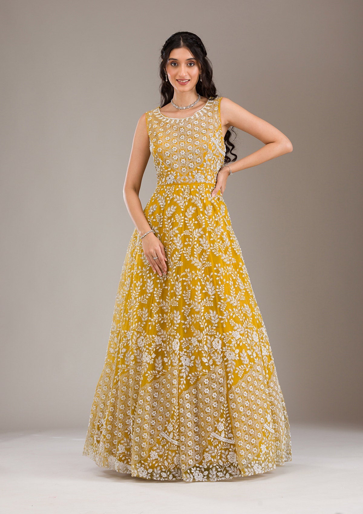 Koskii Yellow Pearlwork Net Gown - view 5