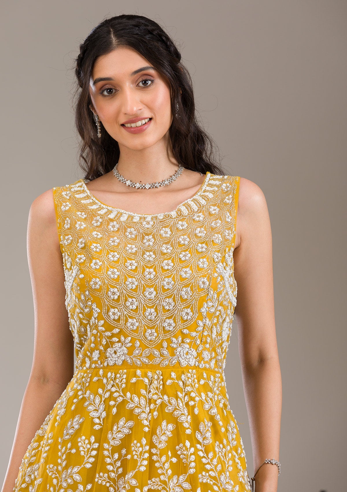 Koskii Yellow Pearlwork Net Gown - view 2