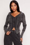 love_university Ribbed Knit Acid Wash Zip Front Top