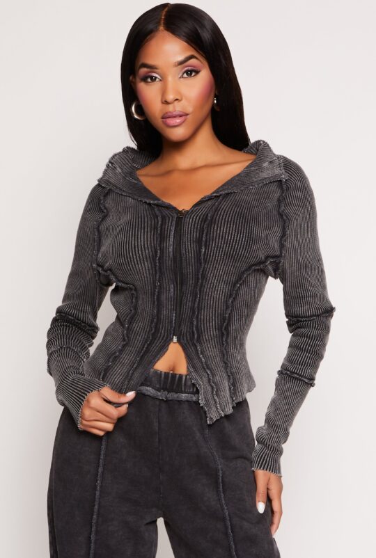love_university Ribbed Knit Acid Wash Zip Front Top