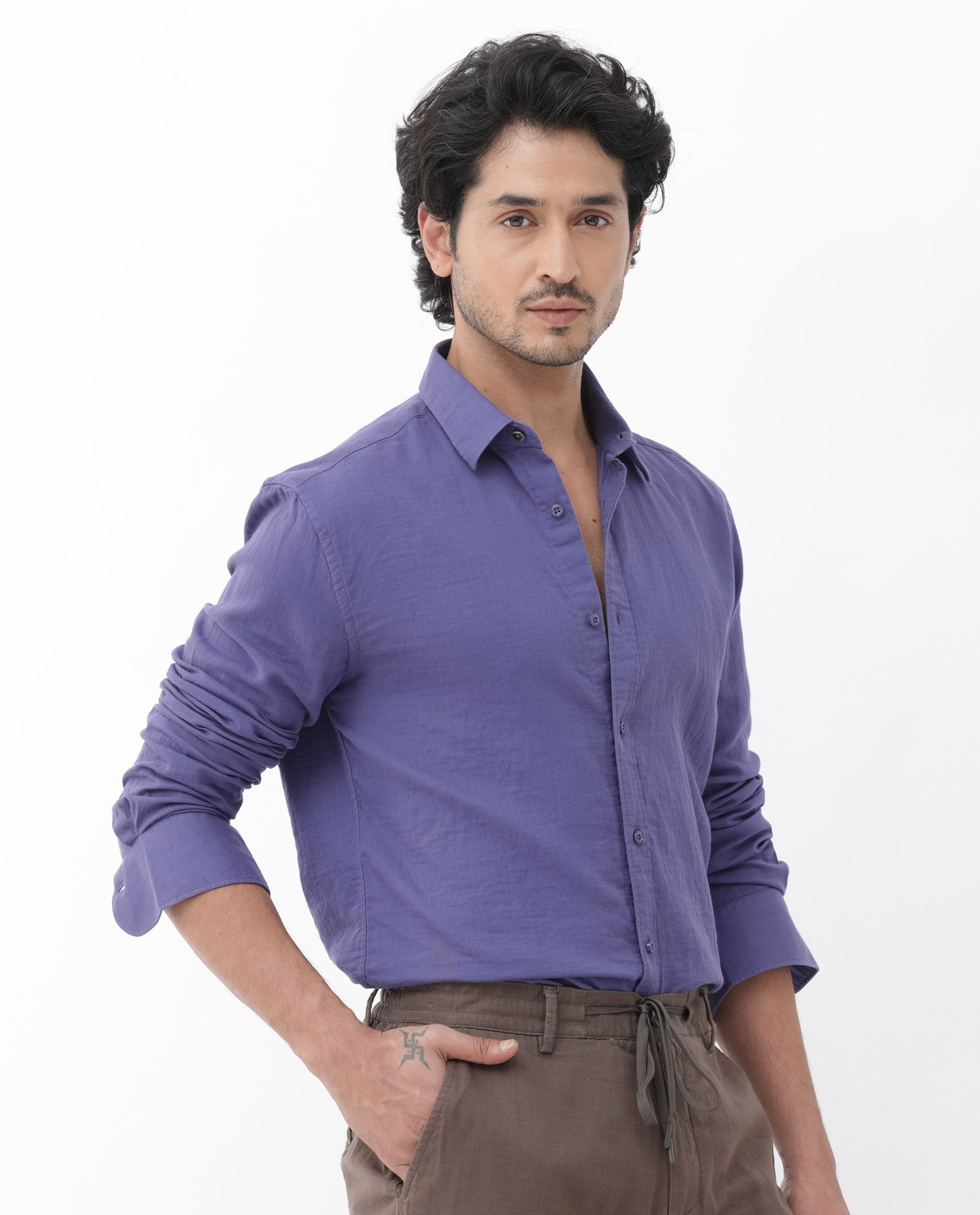 Rare Rabbit Mens Layerr Dusky Purple Cotton Fabric Full Sleeves Solid Shirt - view 7