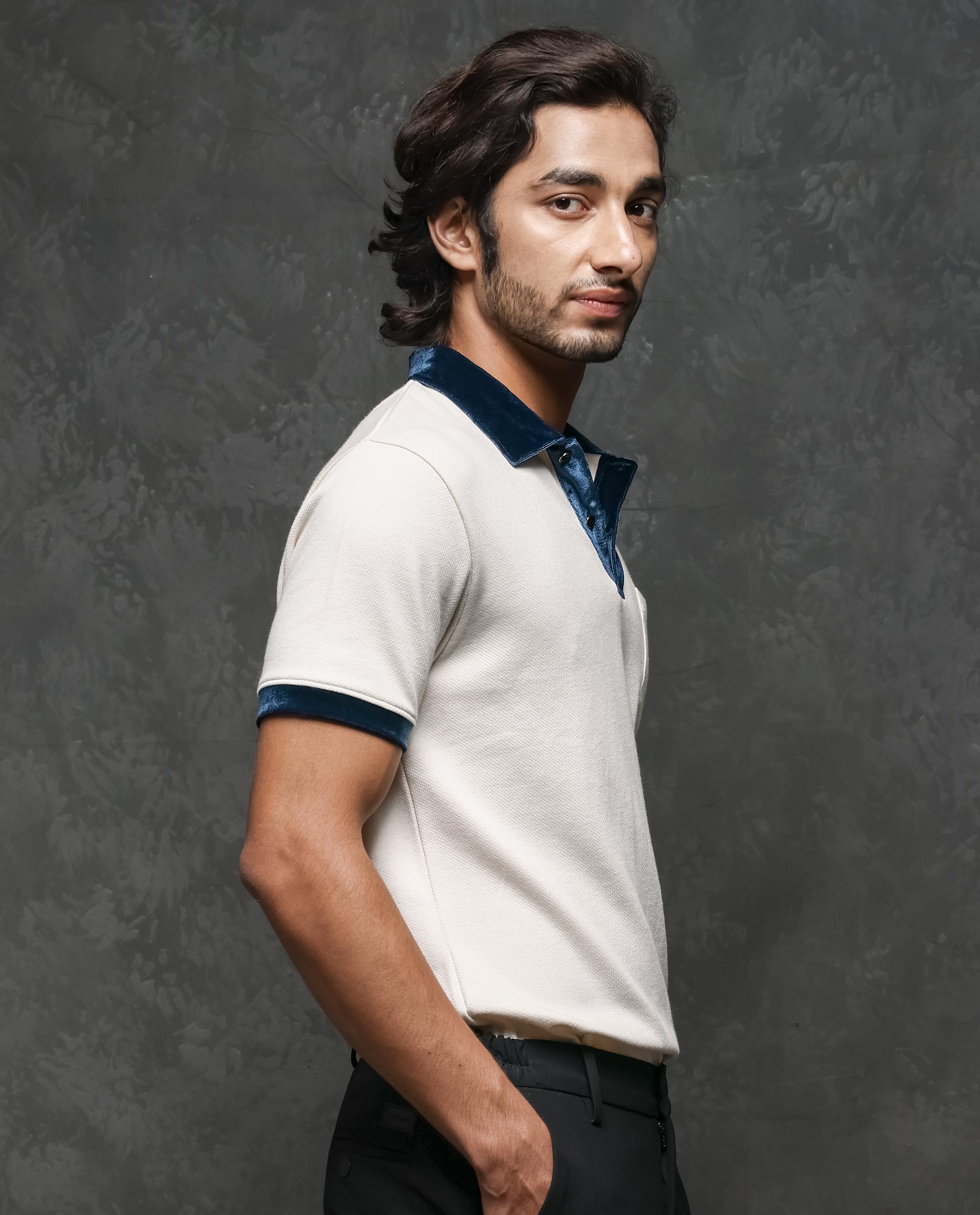 Rare Rabbit Men's Danil Off-White Cotton Fabric Contrast Detailing Velvet Collar And Sleeve Half Sleeve Polo T-Shirt - view 6