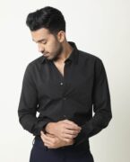 Rare Rabbit Men's Neutro Ls Black Shirt Cotton Polyester Fabric Collared Neck Full Sleeves Button Closure Slim Fit