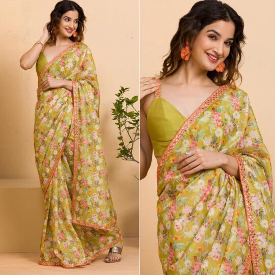 Green sarees – BlackTree green-floral-printed-chinon-saree-with-fancy-mirror-border