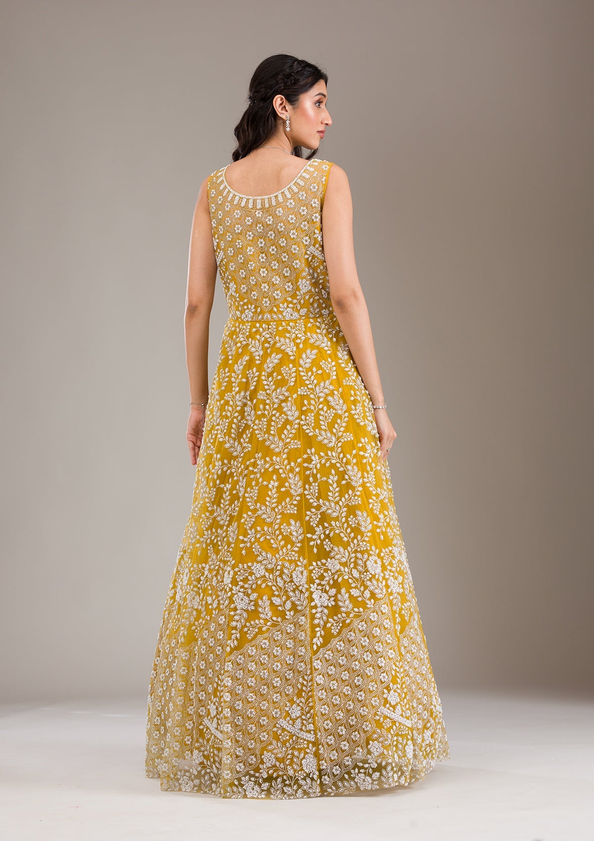 Koskii Yellow Pearlwork Net Gown - view 3