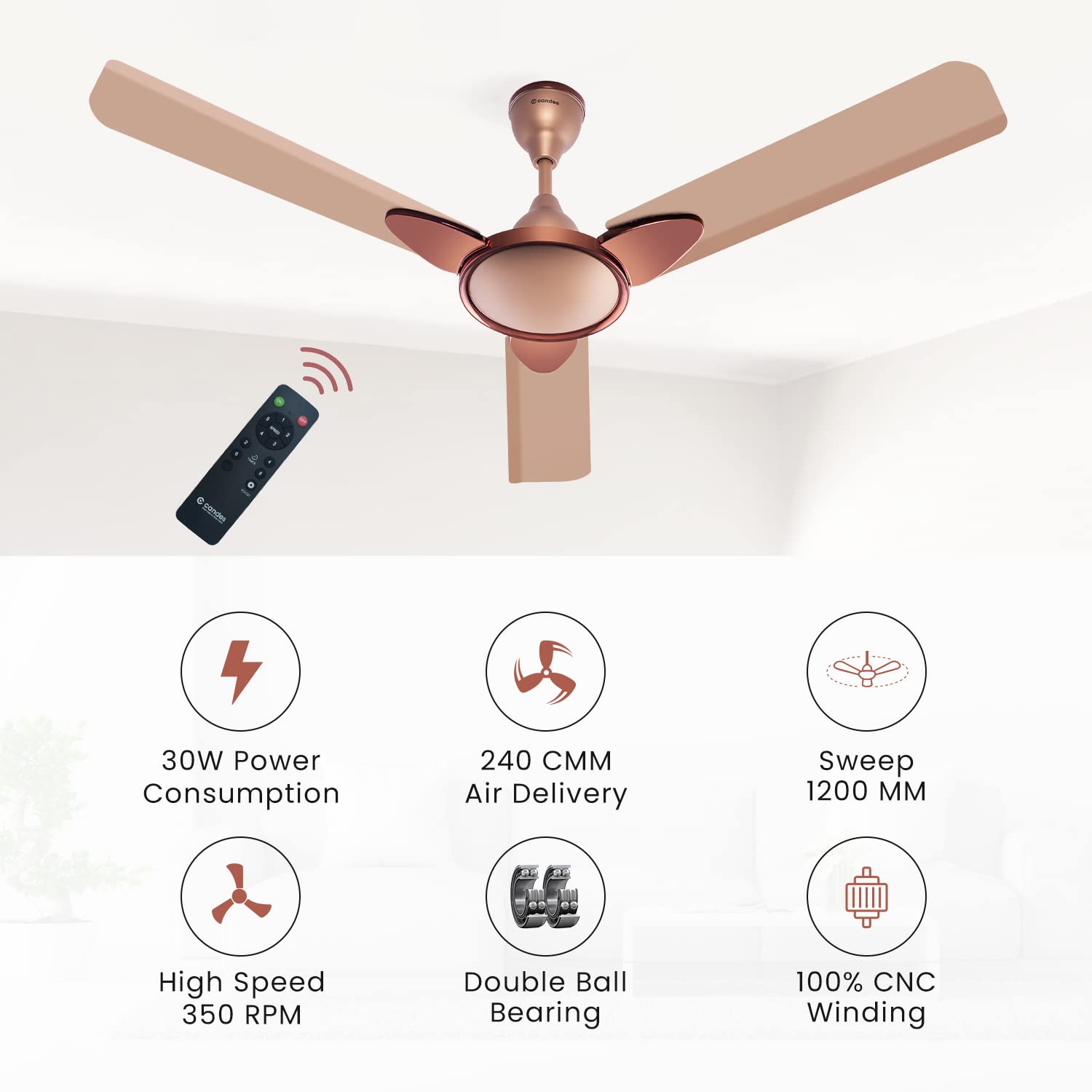 Candes Eco Zest Energy saving Designer 1200 mm / 48 inch Anti-Rust BLDC Ceiling Fan With Remote (2 Years Warranty) (Broken Gold) - view 3