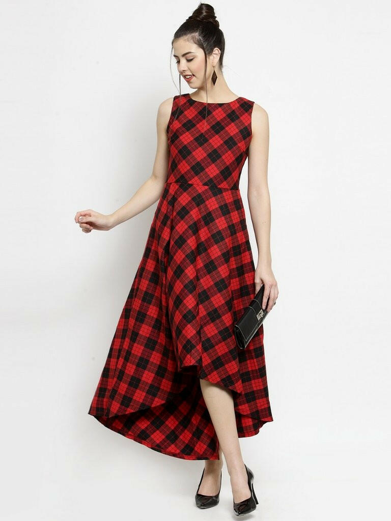 Women Checked Red Round Neck Dress..