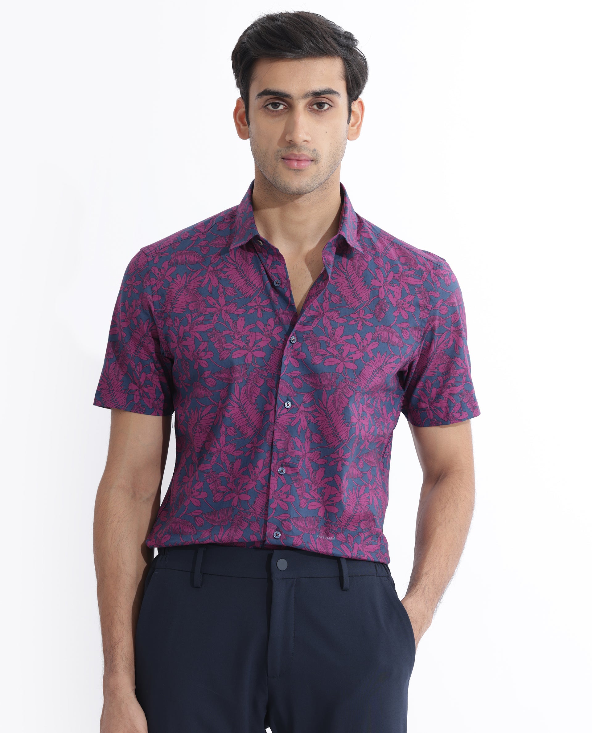 Rare Rabbit Men's Olars Navy Cotton Fabric Half Sleeves Floral Print Shirt - view 3