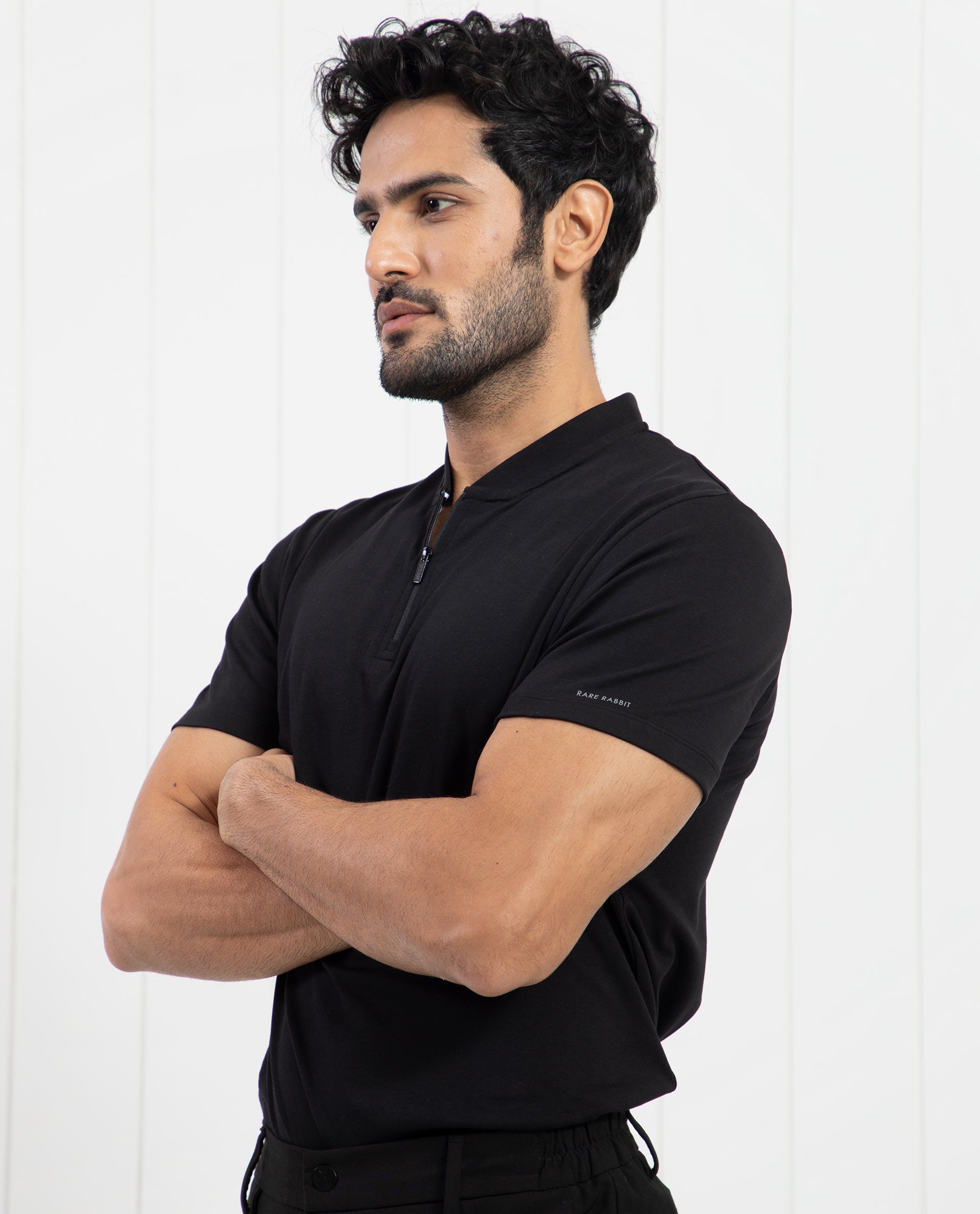 Rare Rabbit Men's Temper Black Cotton Fabric Baseball Stand Collared Neck Zipper Closure Half Sleeves Polo T-Shirt - view 4