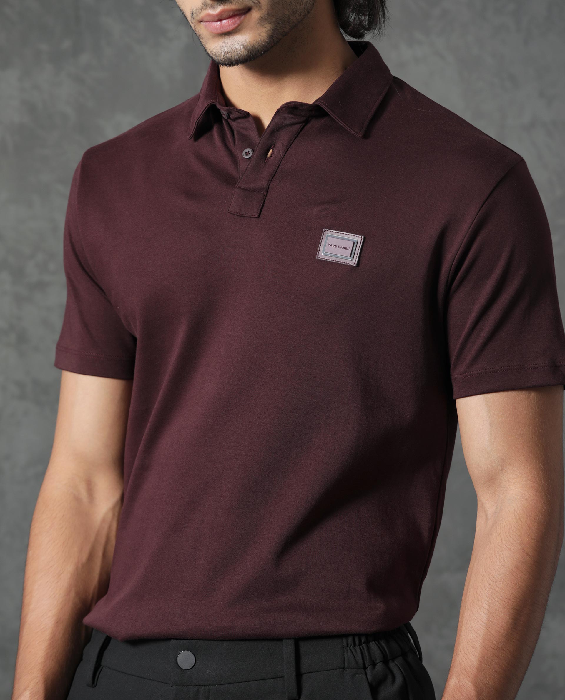 Rare Rabbit Men's Badger-1 Maroon Cotton Fabric Collared Neck Half Sleeves Solid Polo T-Shirt - view 5