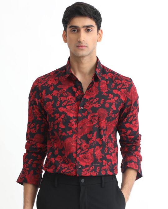 Rare Rabbit Men's Reet Red Cotton Modal Fabric Floral Print Full Sleeves Shirt - view 2