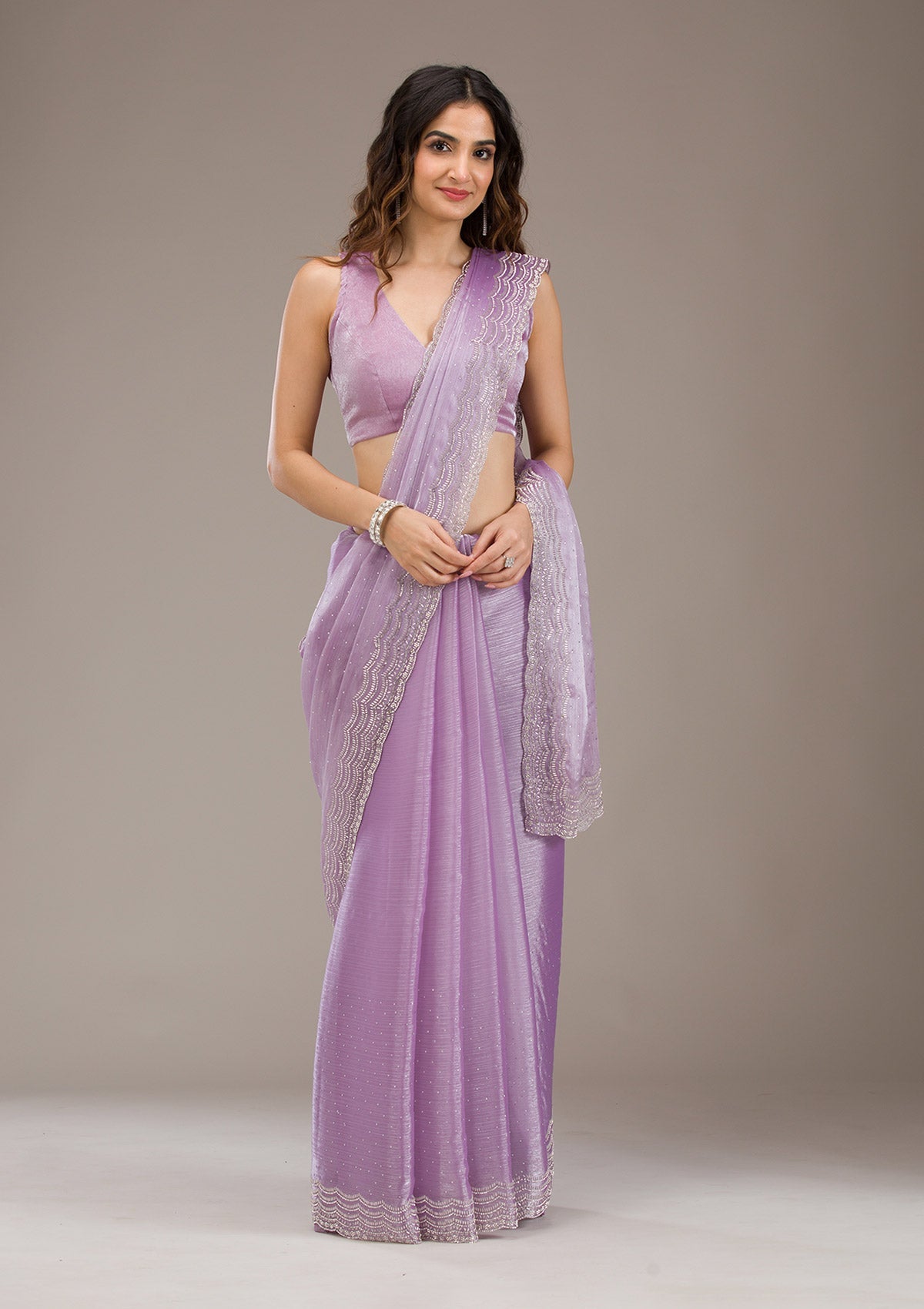 Koskii Lavender Stonework Chiffon Saree – Women's - view 5