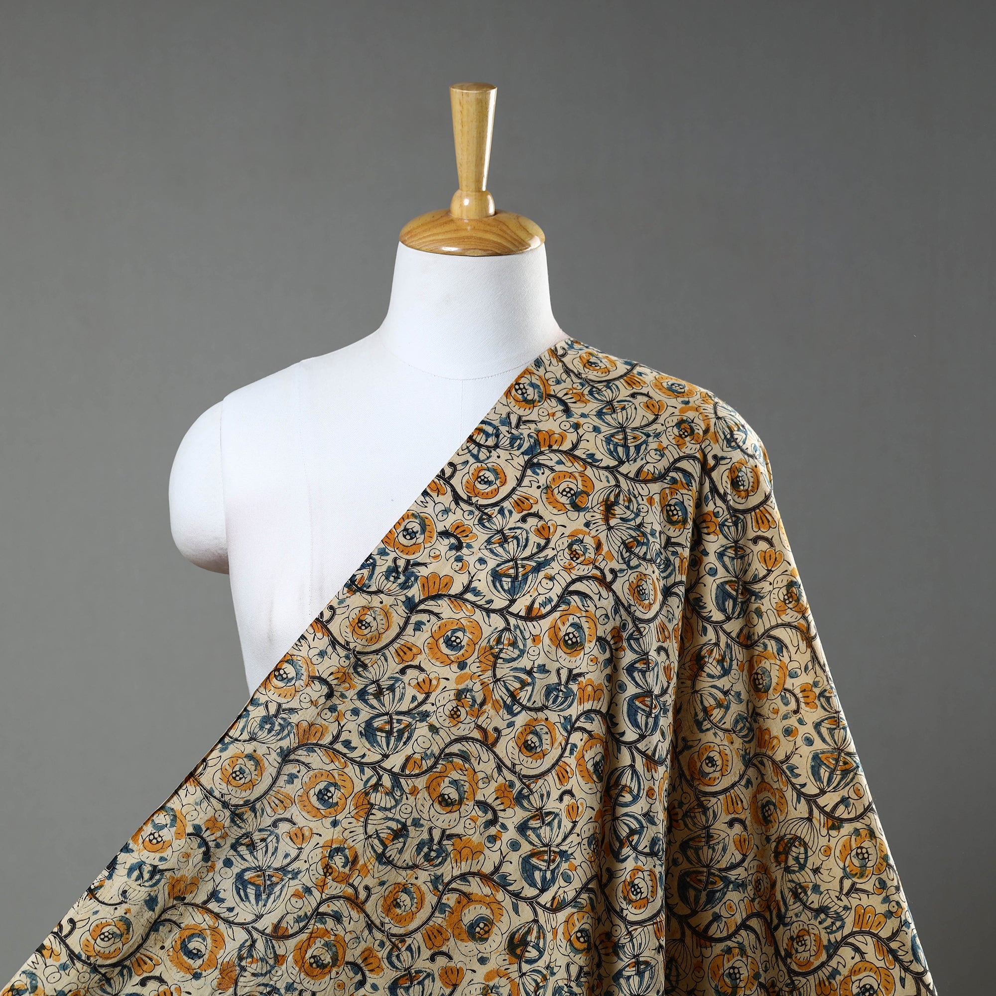 SOUTH KARGHA Beige - Natural Dyed Block Print Cotton Kalamkari Fabric 08