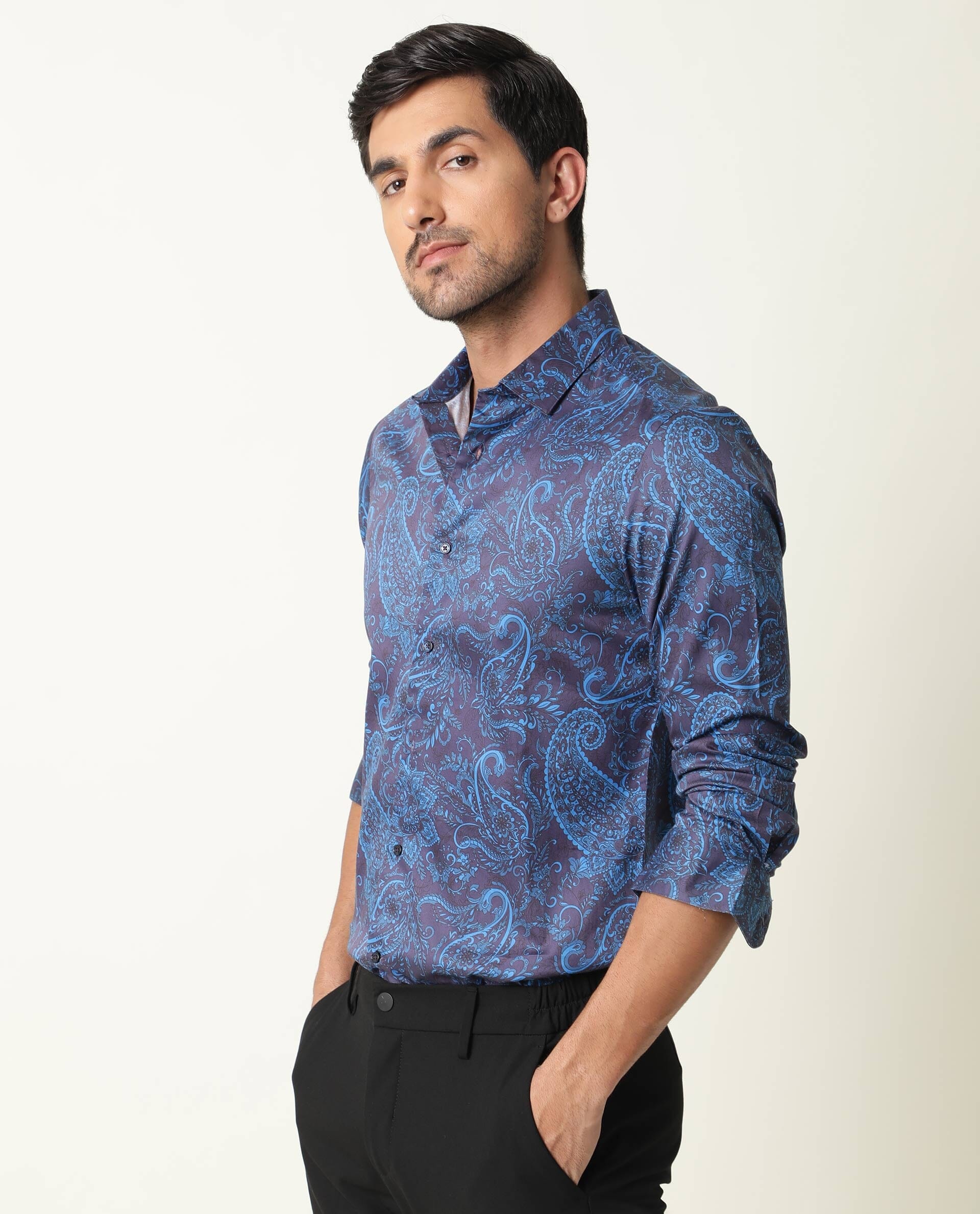 Rare Rabbit Men's Enchan Navy Cotton Fabric Paisley Print Full Sleeves Shirt - view 7