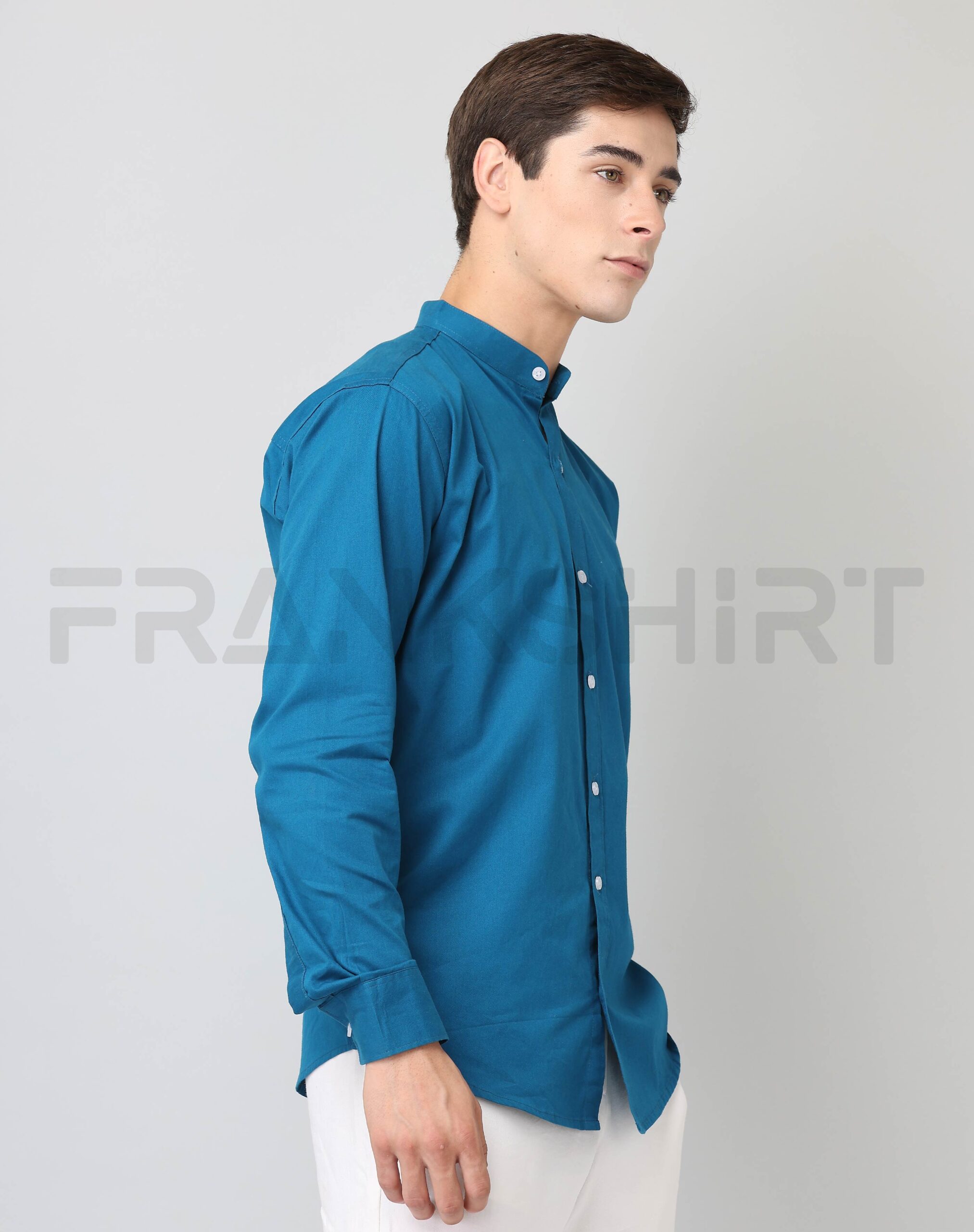 BlackTree Frankshirt Chinese Collar Peacocke Blue Solid Tailored Fit Cotton Casual Shirt for Man - view 4