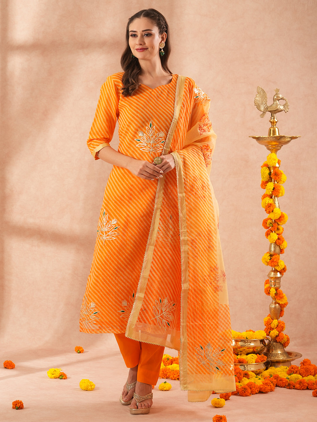 FASHOR Leheriya Printed & Gota Embroidered Straight Kurta with Pant & Dupatta - Orange - view 3