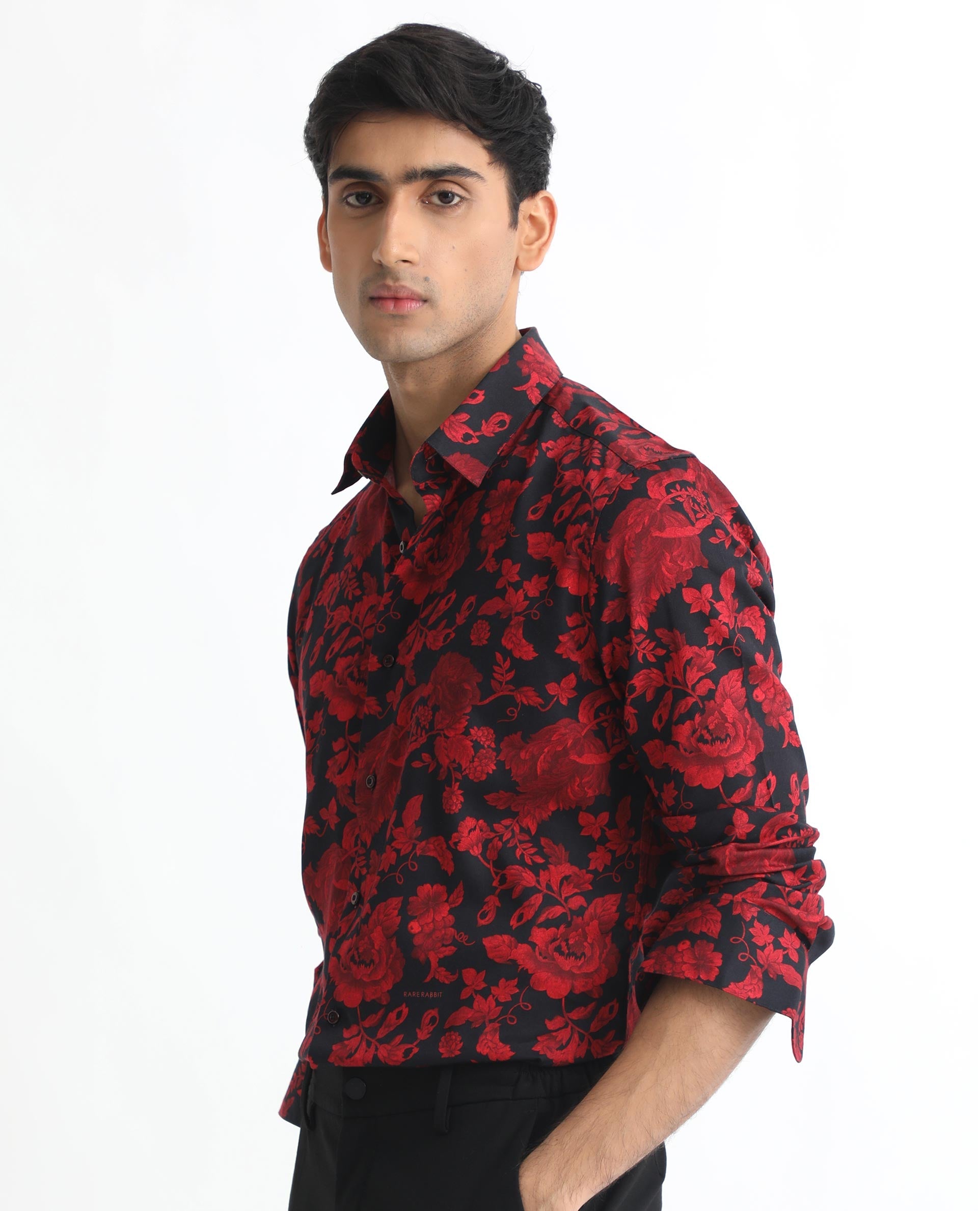 Rare Rabbit Men's Reet Red Cotton Modal Fabric Floral Print Full Sleeves Shirt - view 7