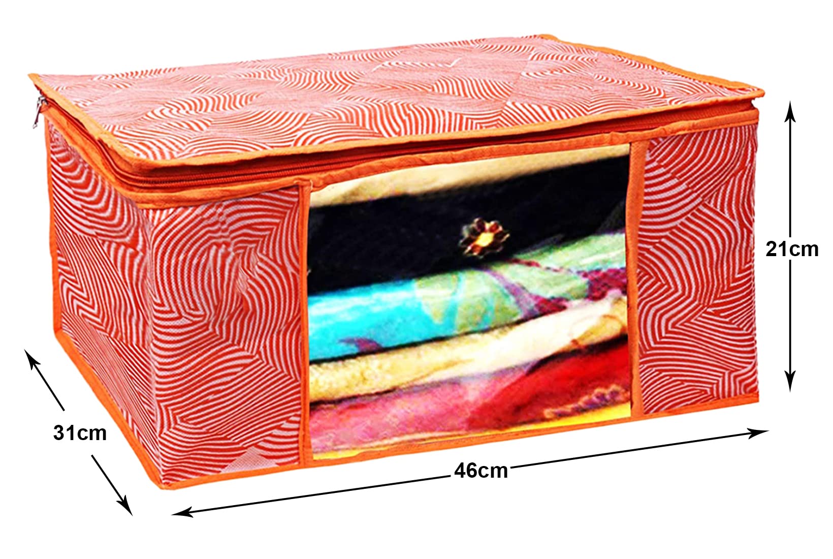 Heart Home Lahariya Design Non-woven Foldable Saree Cover/Clothes Storage Bag/Wardrobe Organizer With Transparent Window- Pack of 3 (Orange)-44HH0377 - view 6