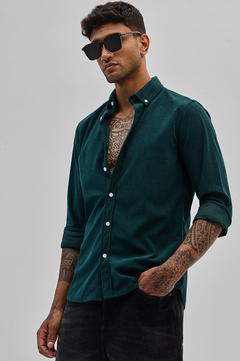 SNITCH Dark Green Slim Fit Corduroy Shirt