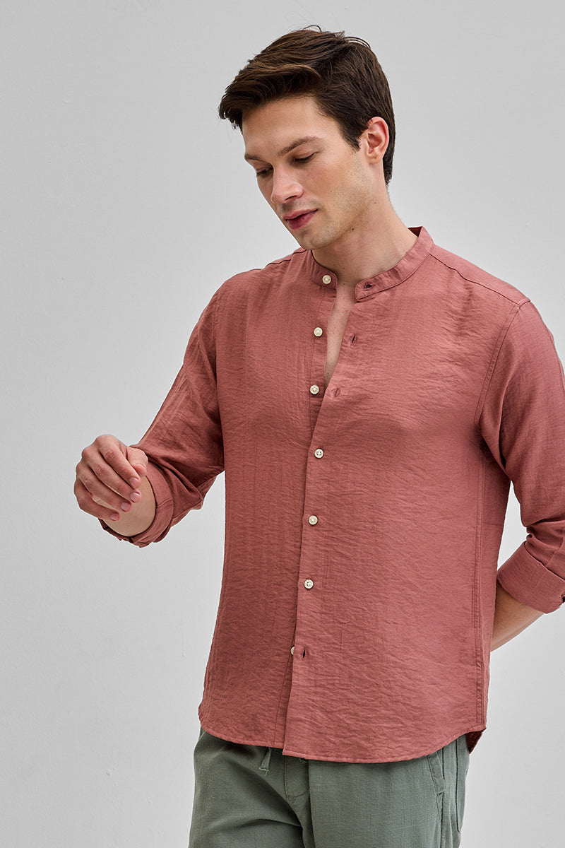 SNITCH Coral Mandarin Linen Blend Shirt - view 5