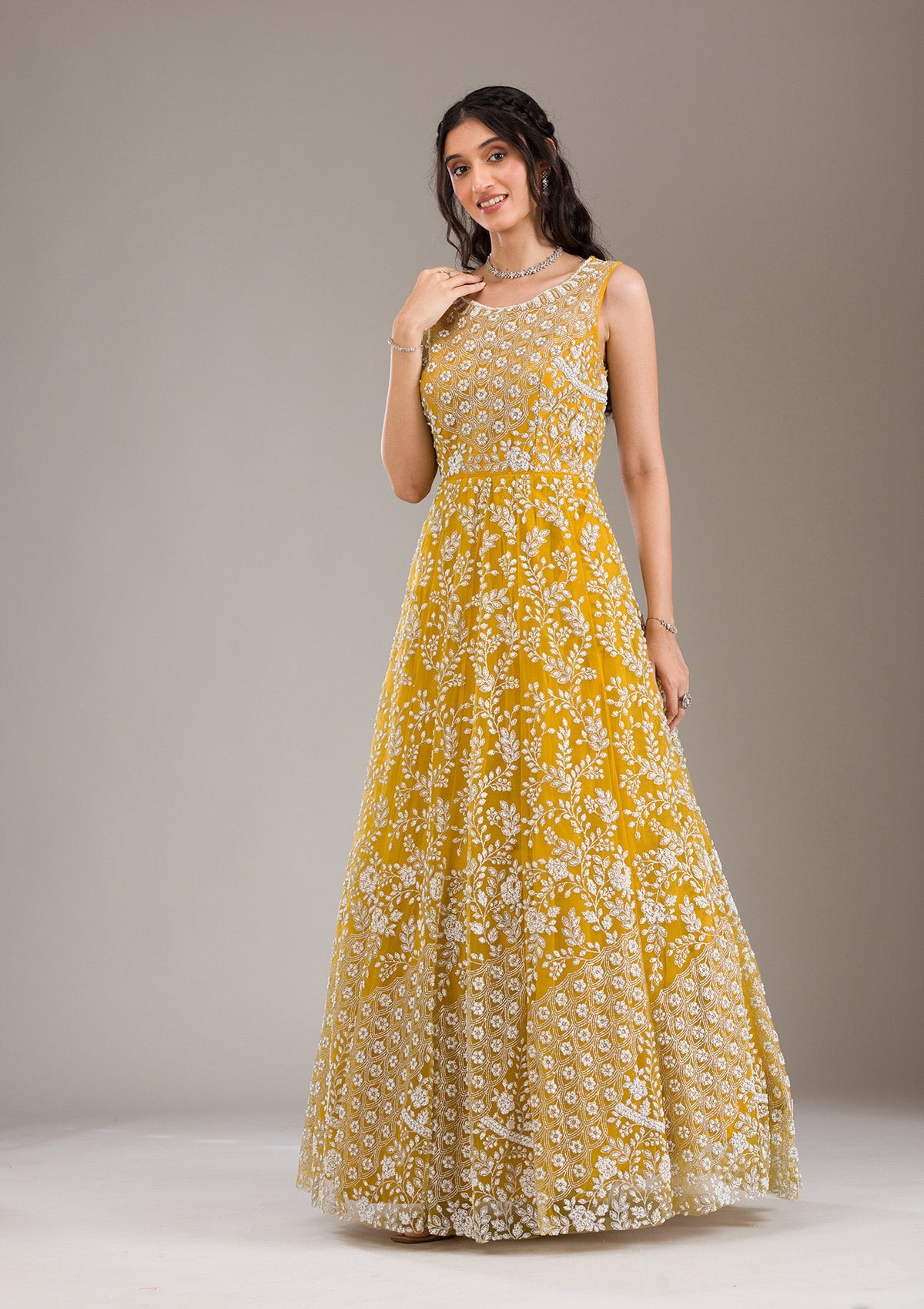 Koskii Yellow Pearlwork Net Gown - view 6