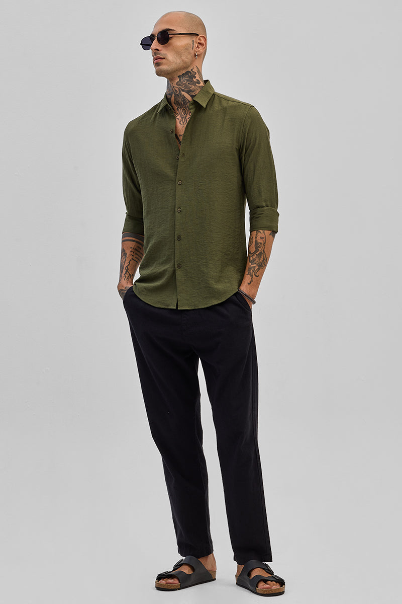 SNITCH Olive Slim Fit Linen Shirt - view 3