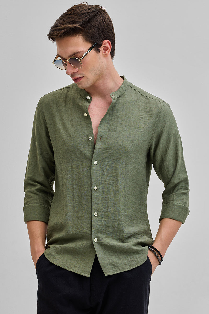 SNITCH Olive Mandarin Linen Blend Shirt - view 4
