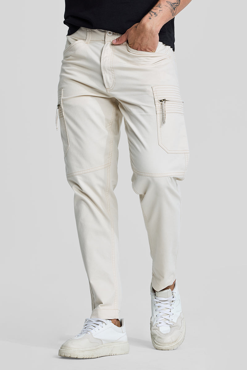 SNITCH Off White Slim Fit Cargo Pants