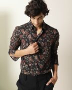 Rare Rabbit Mens Vynil Blue Viscose Fabric Full Sleeves Floral Print Shirt