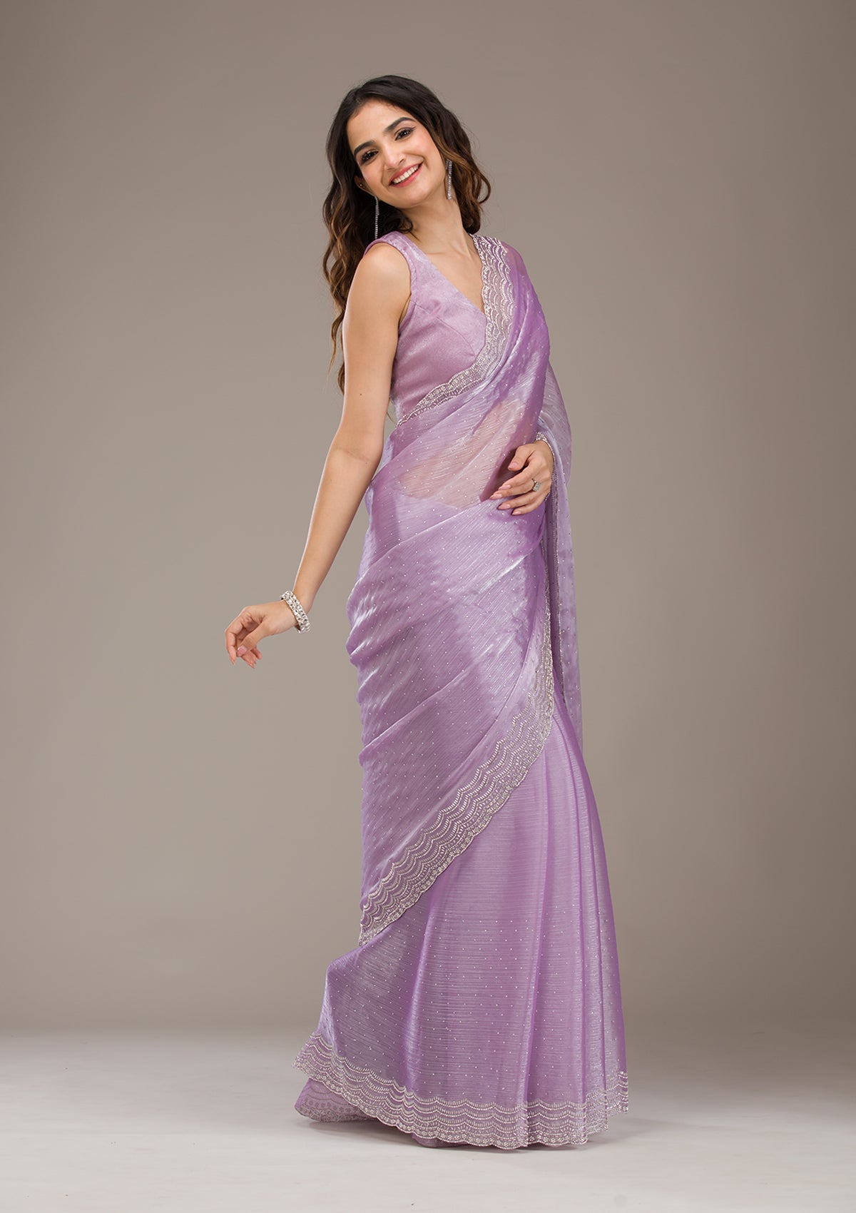 Koskii Lavender Stonework Chiffon Saree – Women's - view 4