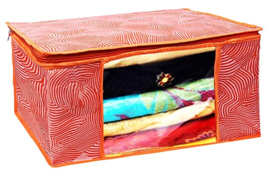 Heart Home Lahariya Design Non-woven Foldable Saree Cover/Clothes Storage Bag/Wardrobe Organizer With Transparent Window- Pack of 3 (Orange)-44HH0377 - view 2