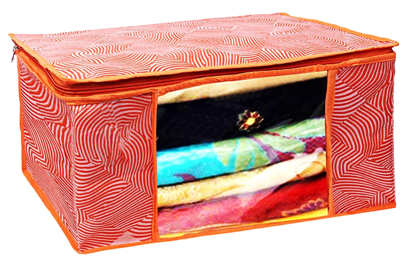 Heart Home Lahariya Design Non-woven Foldable Saree Cover/Clothes Storage Bag/Wardrobe Organizer With Transparent Window- Pack of 3 (Orange)-44HH0377 - view 2