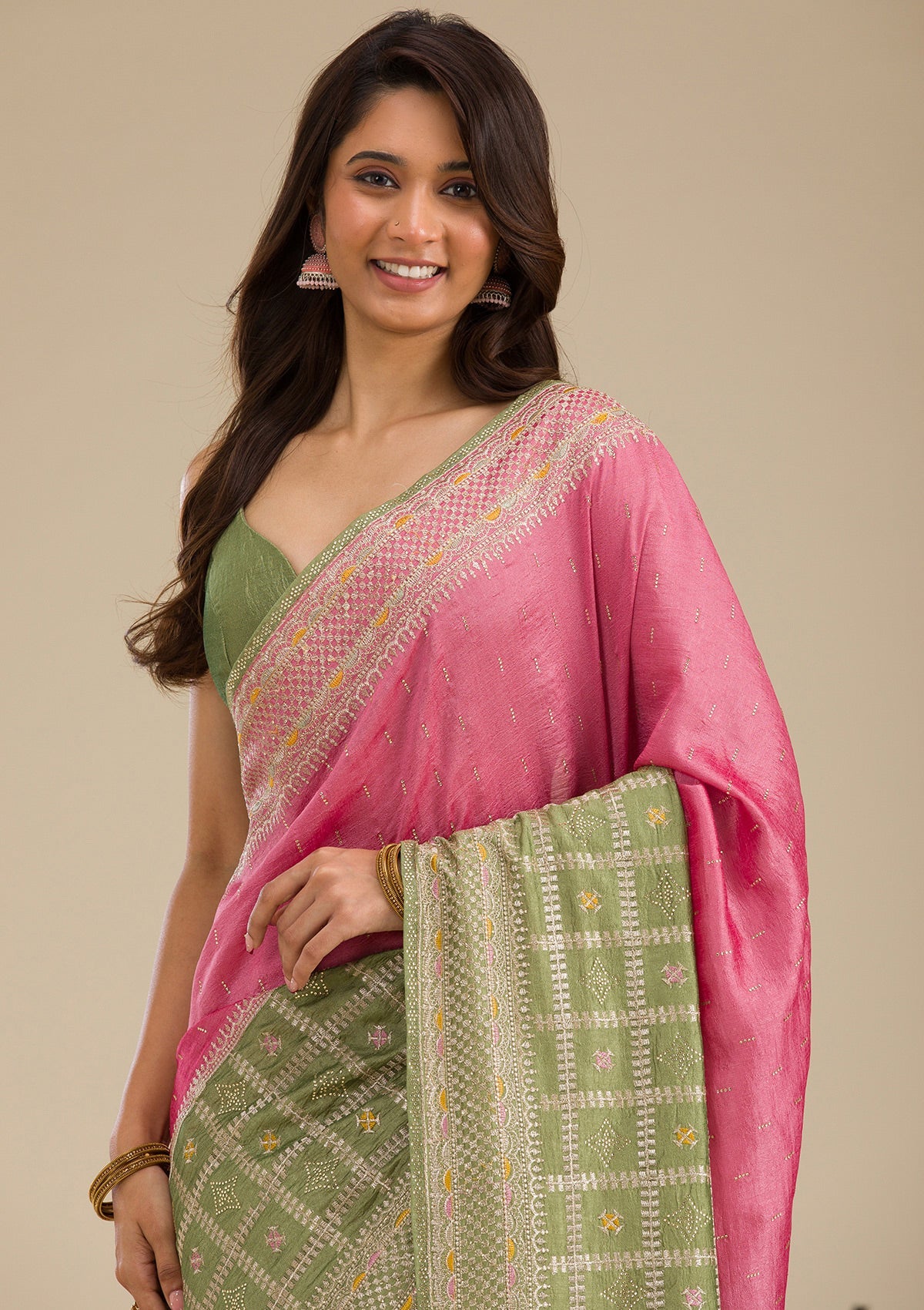 Koskii Pista Green Threadwork Soft Silk Saree - view 6