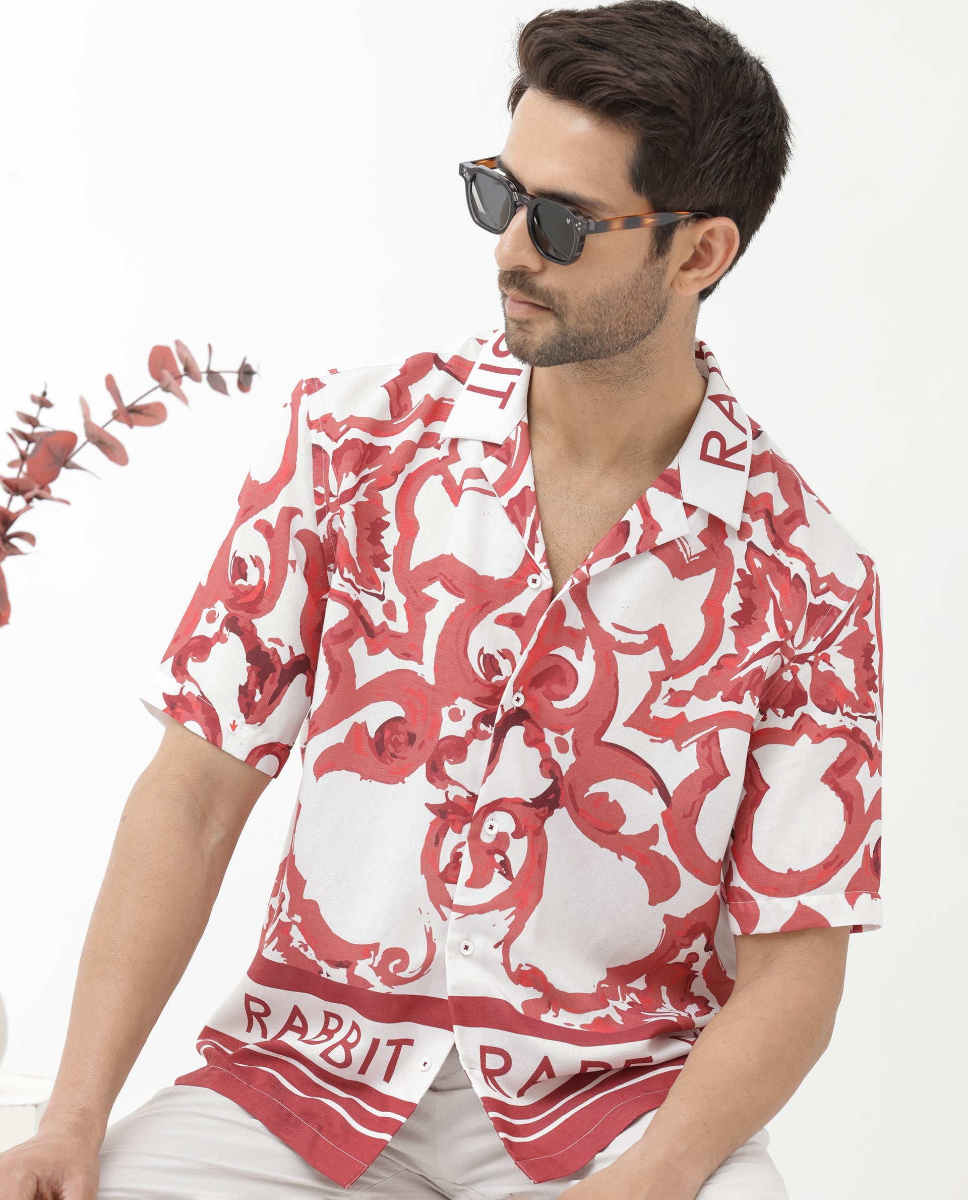 Rare Rabbit Mens Bordin Red Viscose Fabric Half Sleeves Cuban Collar Boxy Fit Abstract Print Shirt - view 10