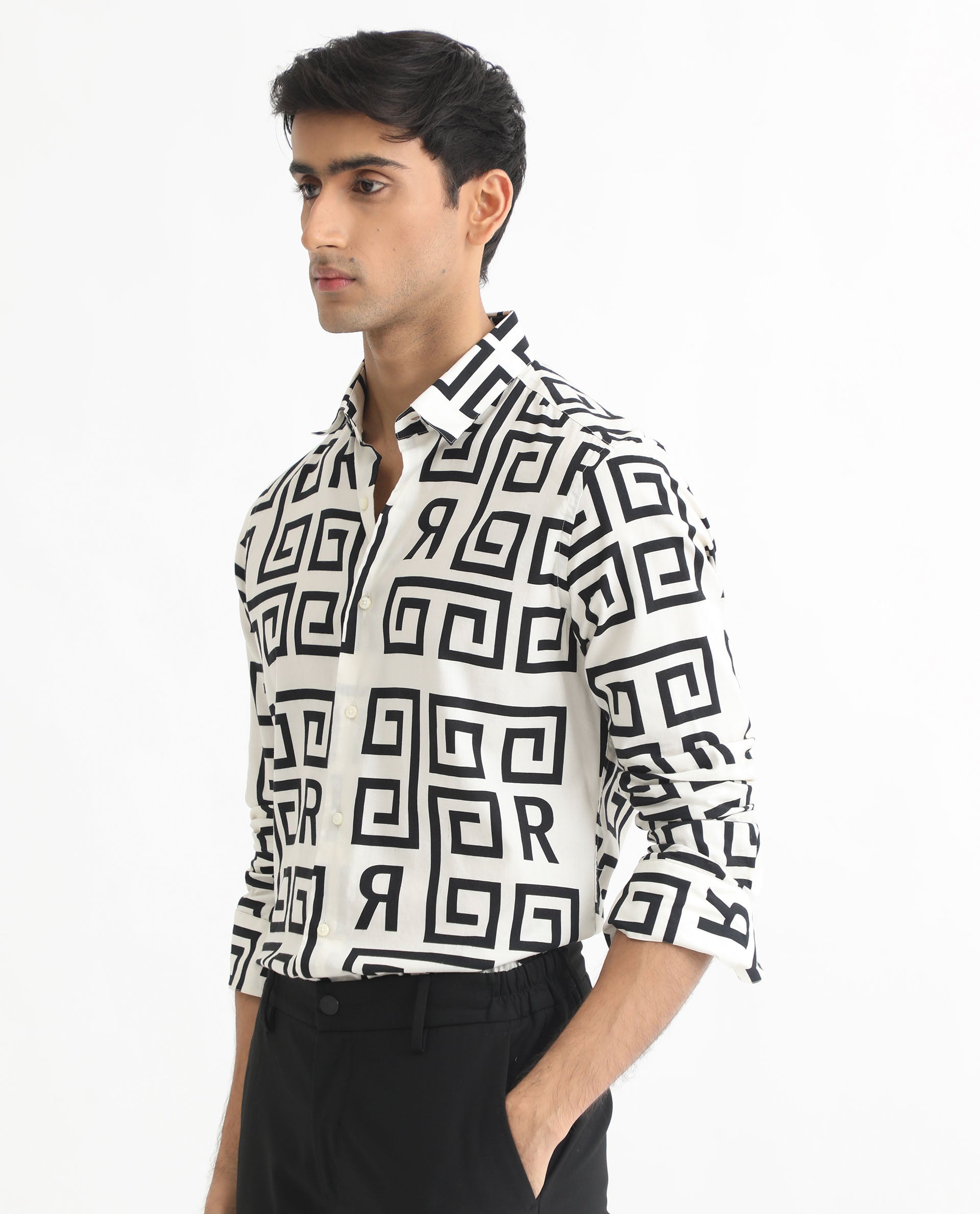 Rare Rabbit Men's Cruz Off White Cotton Viscose Fabric Full Sleeves Regular Fit Monogram Print Shirt - view 6